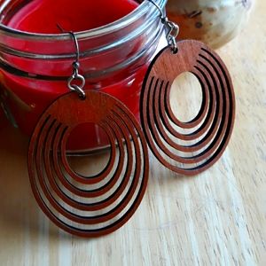 Wooden & silver oval dangling earrings